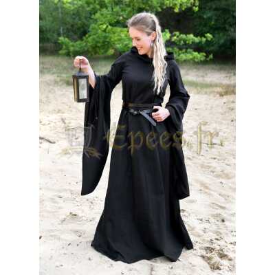 Robe médiévale avec manches trompette, noire 100% coton
